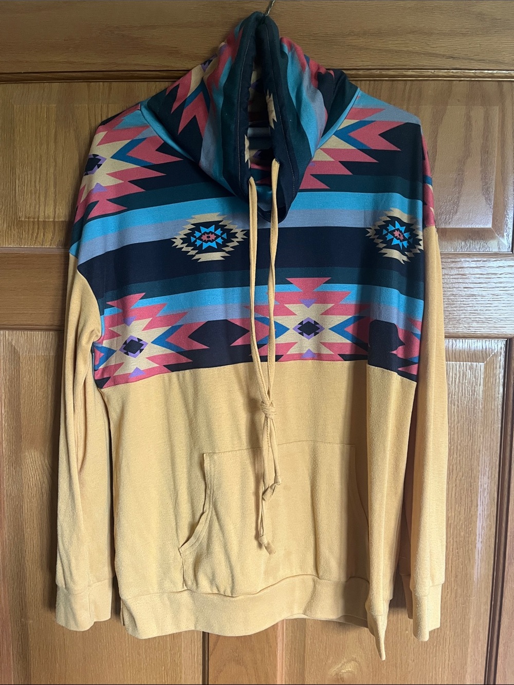 Women’s Hooded Pullover Shirt in Mustard with Aztec Print
